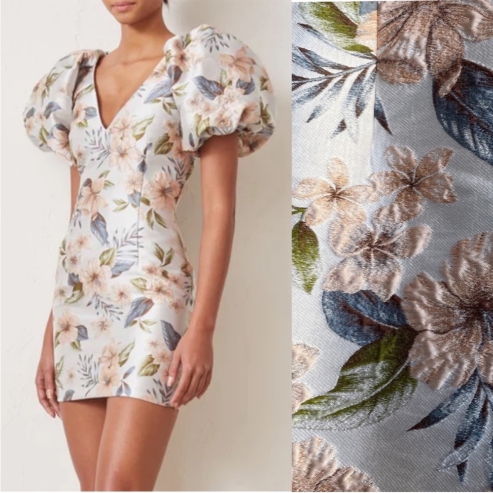 BEC + BRIDGE Blue & Pink Textured Floral Jacquard Plunging V Poofy Sleeve Dress